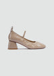 Flared Mary Jane Heels - Crinkled Patent Leather - Beige