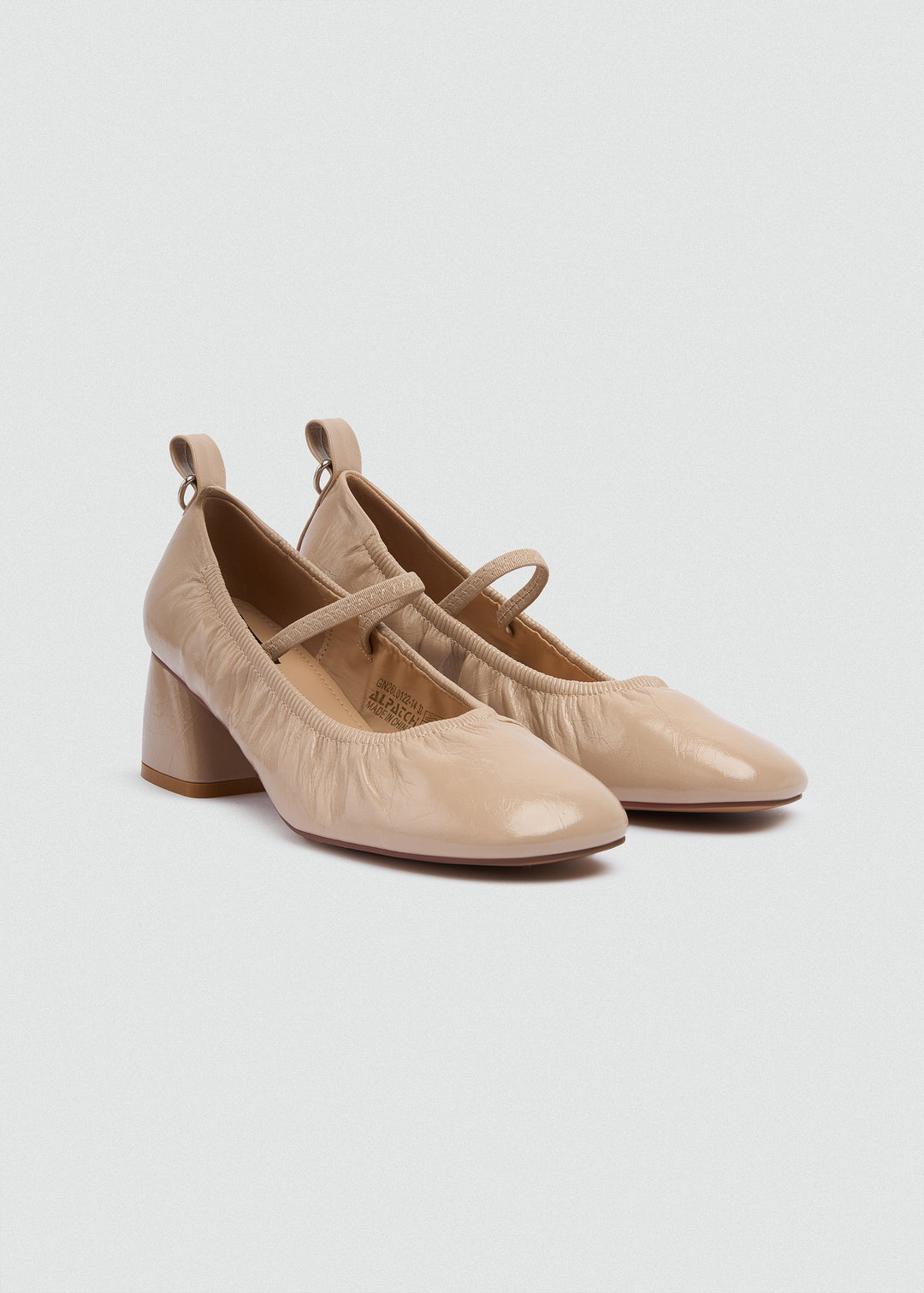 Flared Mary Jane Heels - Crinkled Patent Leather - Beige