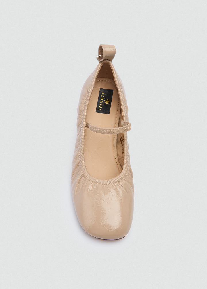Flared Mary Jane Heels - Crinkled Patent Leather - Beige