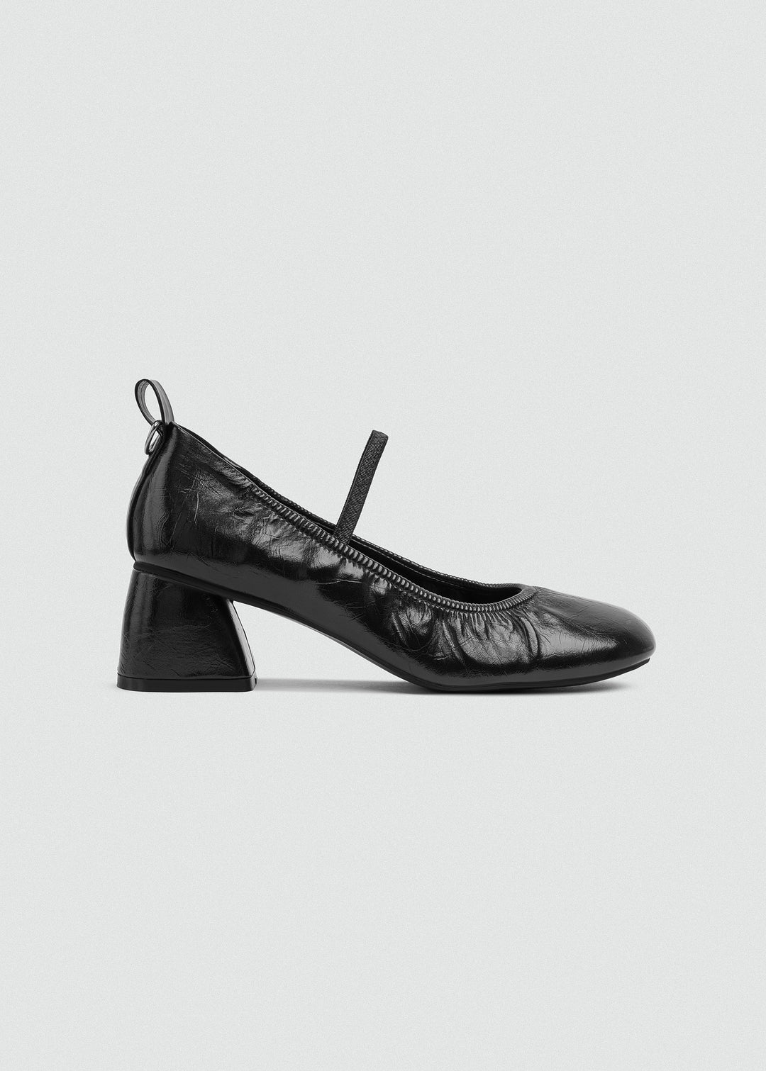 Flared Mary Jane Heels - Crinkled Patent Leather - Black