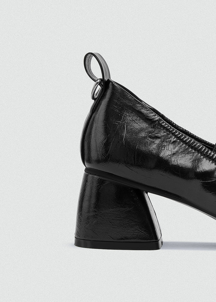 Flared Mary Jane Heels - Crinkled Patent Leather - Black