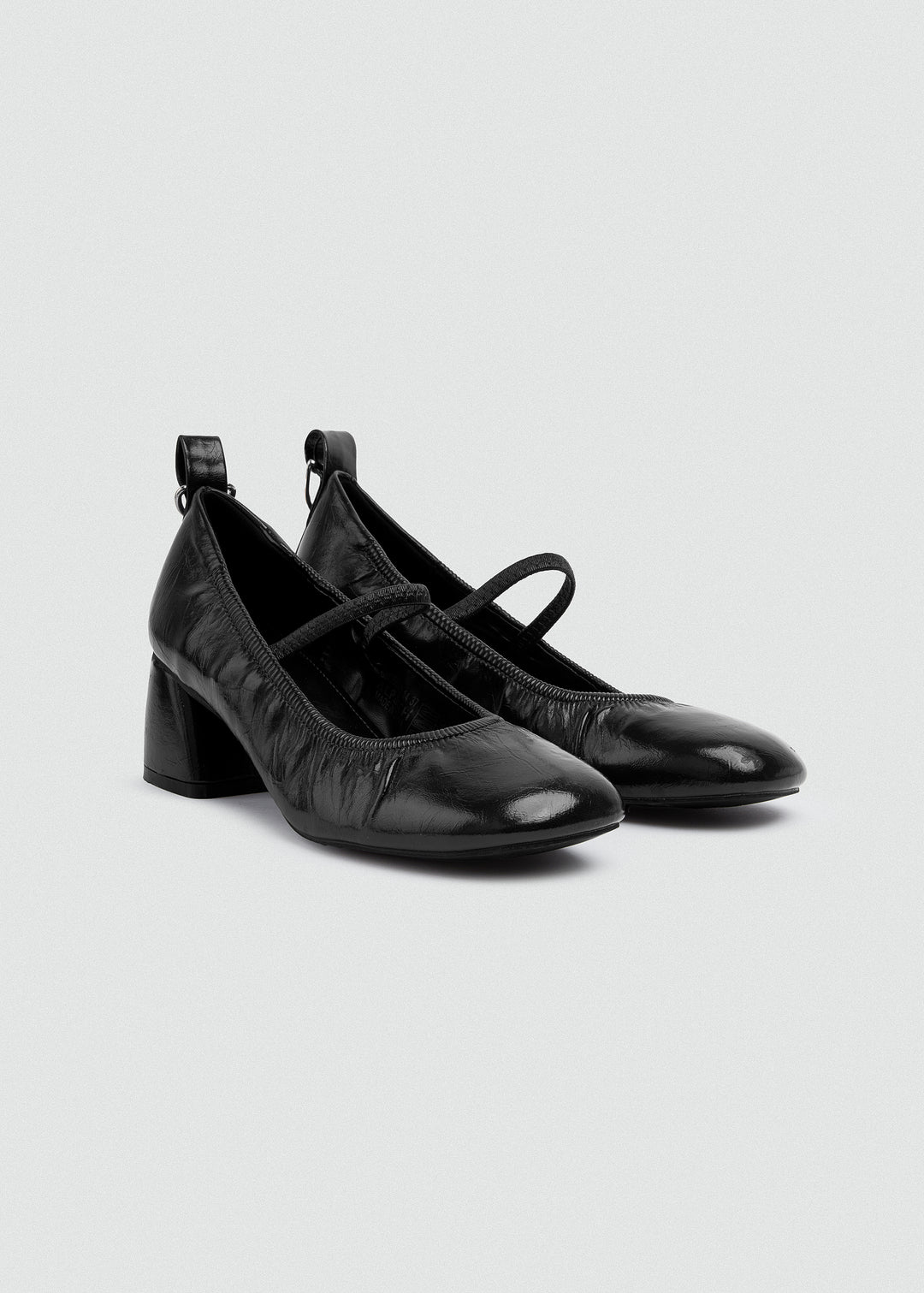 Flared Mary Jane Heels - Crinkled Patent Leather - Black