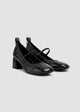 Flared Mary Jane Heels - Crinkled Patent Leather - Black
