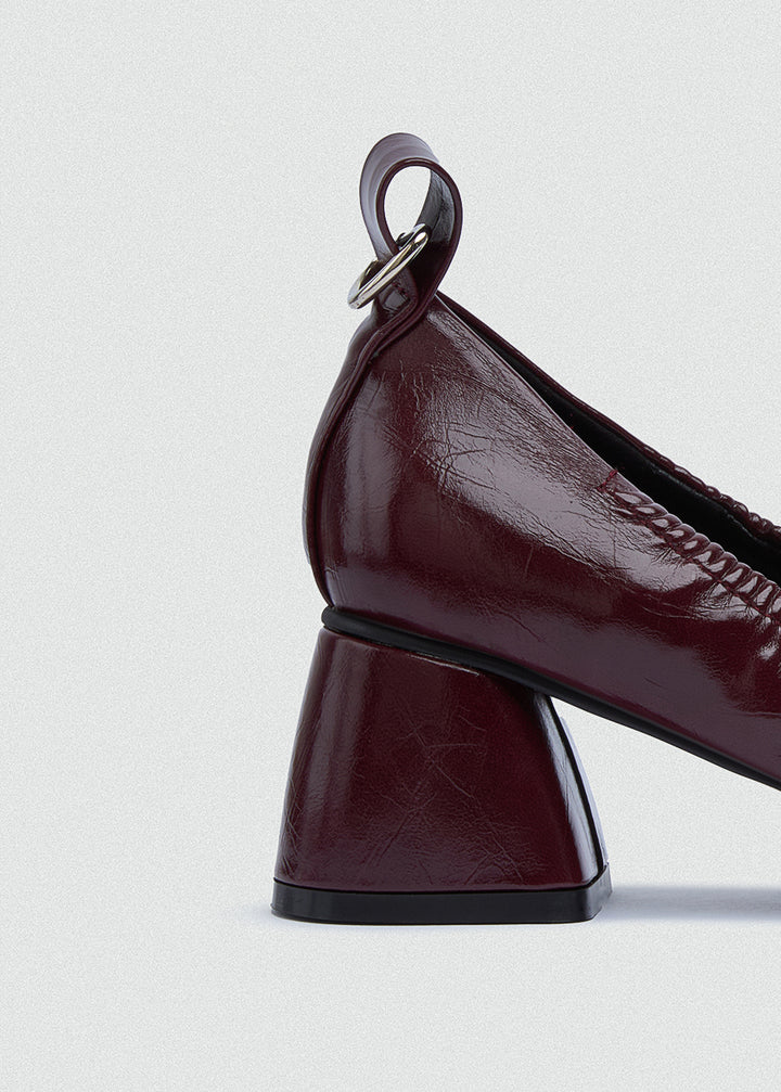 Flared Mary Jane Heels - Crinkled Patent Leather - Maroon