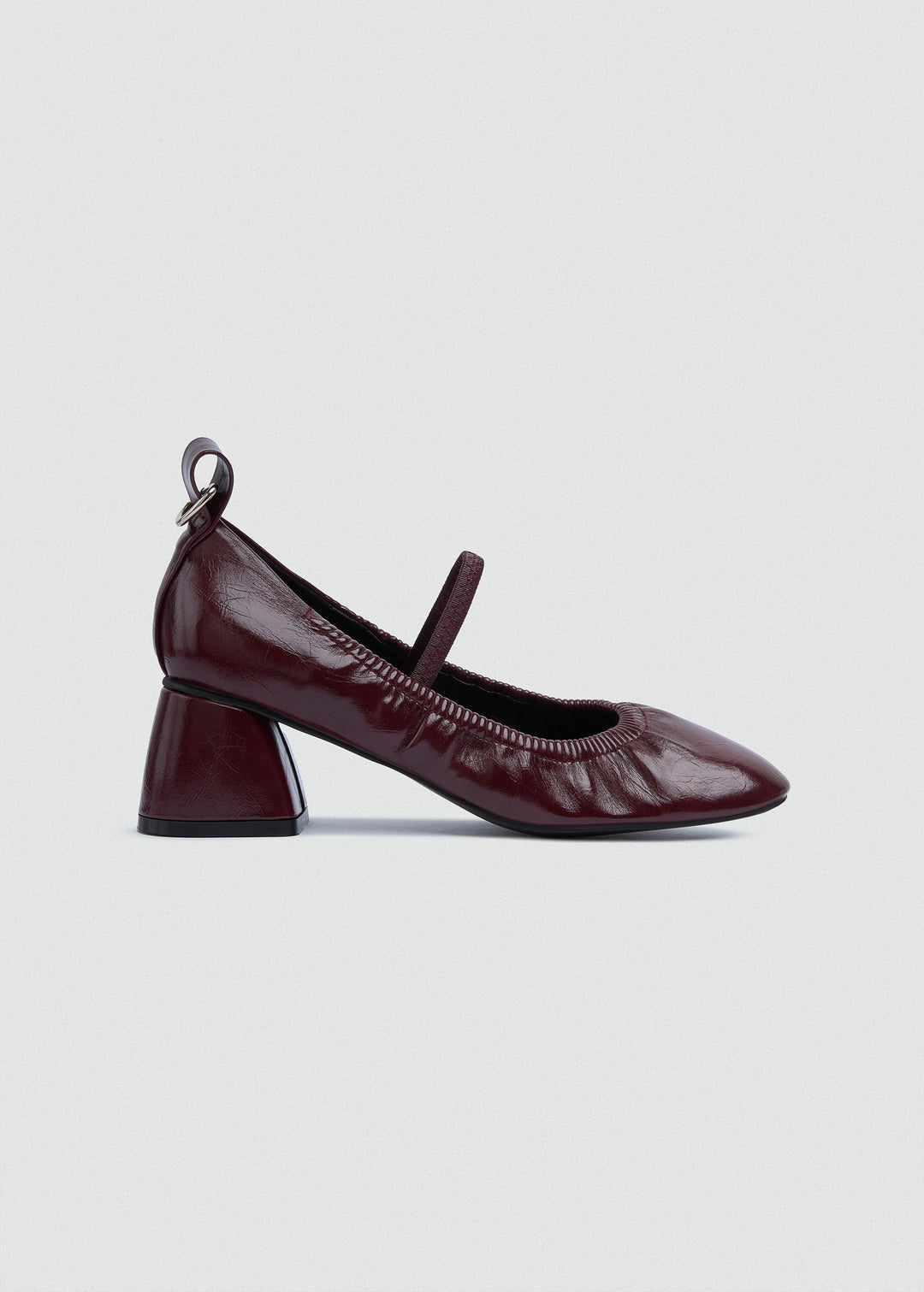 Flared Mary Jane Heels - Crinkled Patent Leather - Maroon