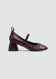 Flared Mary Jane Heels - Crinkled Patent Leather - Maroon