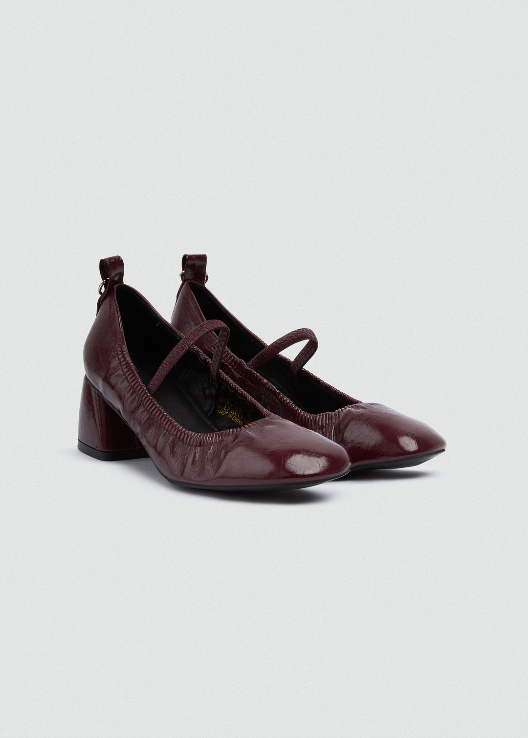 Flared Mary Jane Heels - Crinkled Patent Leather - Maroon