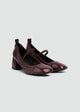 Flared Mary Jane Heels - Crinkled Patent Leather - Maroon