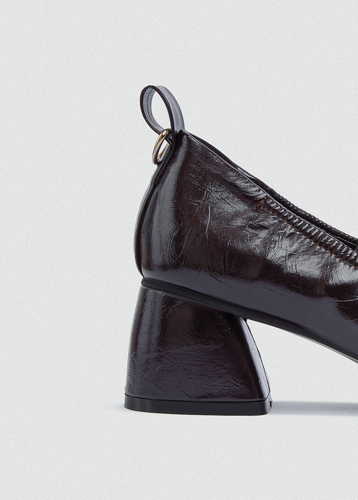 Flared Mary Jane Heels - Crinkled Patent Leather - Brown