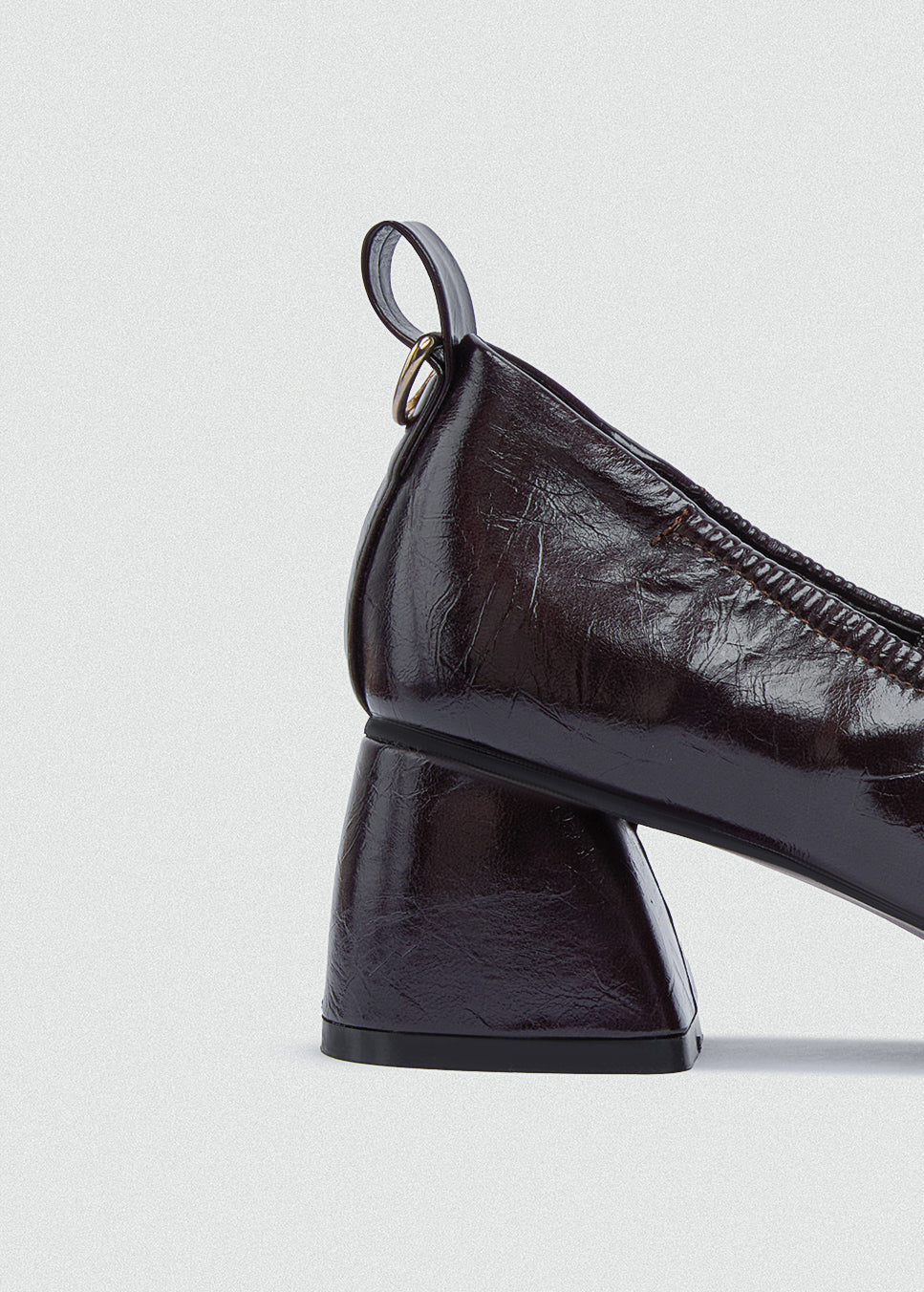 Flared Mary Jane Heels - Crinkled Patent Leather - Brown