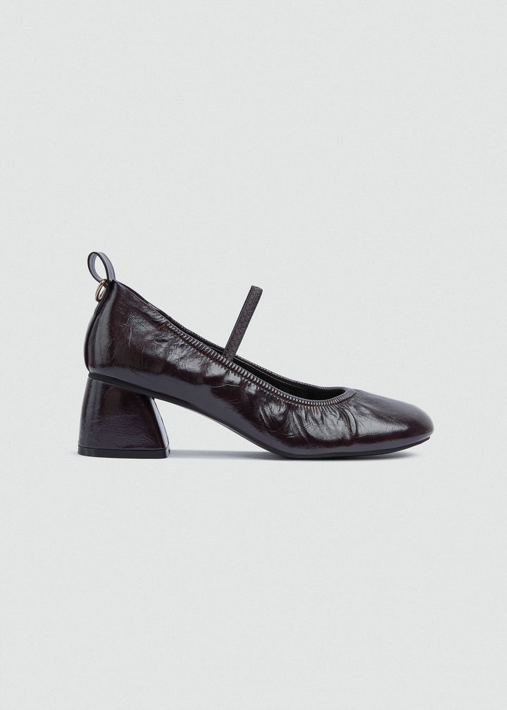 Flared Mary Jane Heels - Crinkled Patent Leather - Brown