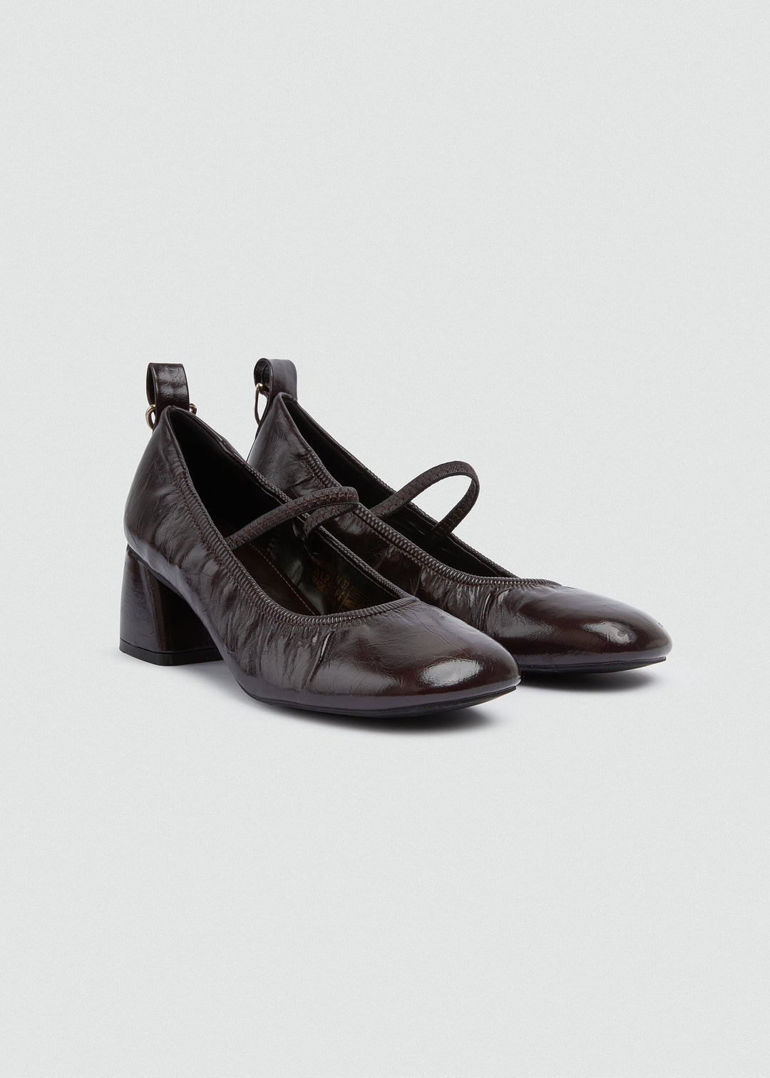 Flared Mary Jane Heels - Crinkled Patent Leather - Brown