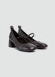 Flared Mary Jane Heels - Crinkled Patent Leather - Brown