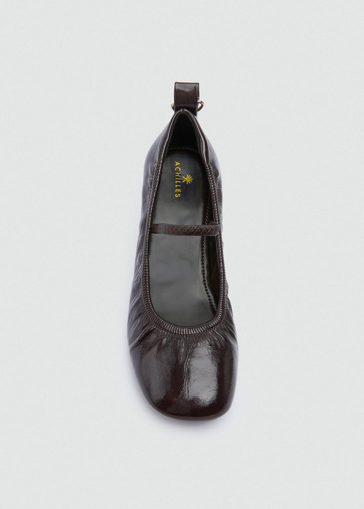 Flared Mary Jane Heels - Crinkled Patent Leather - Brown