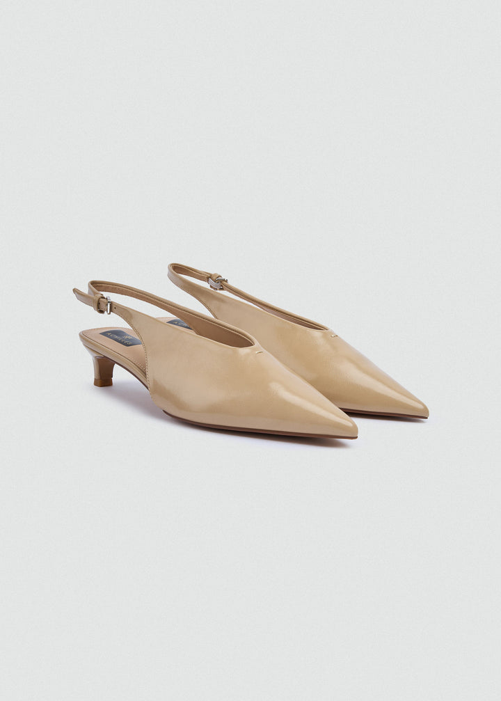 Minimal V-Cut Slingback Kitten Heels - Beige
