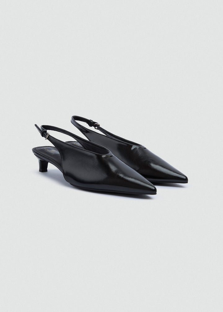 Pointed Slingback Kitten Heels - Patent Leather - Black