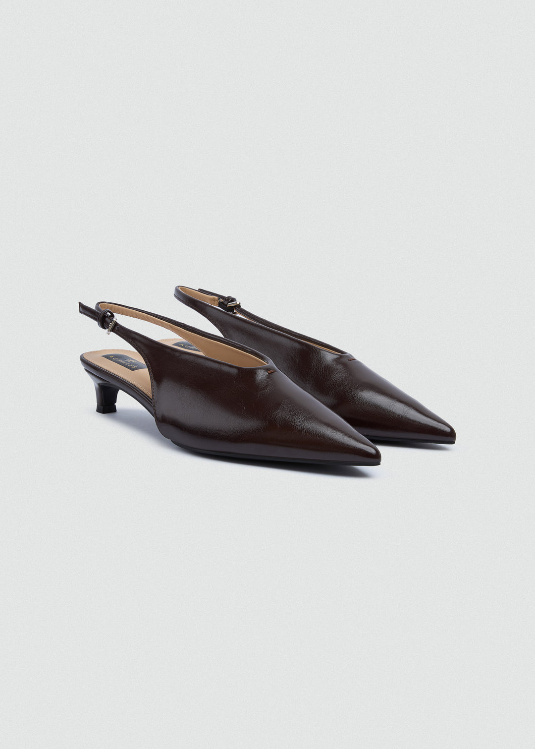 Pointed Slingback Kitten Heels - Patent Leather - Brown