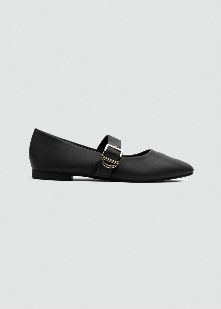 Buckle Strap Mary Jane Flats - Matte Faux Leather - Black