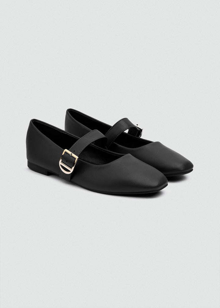 Buckle Strap Mary Jane Flats - Matte Faux Leather - Black