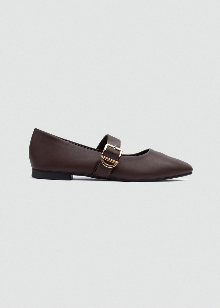 Buckle Strap Mary Jane Flats - Faux Leather - Brown