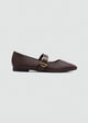 Buckle Strap Mary Jane Flats - Faux Leather - Brown