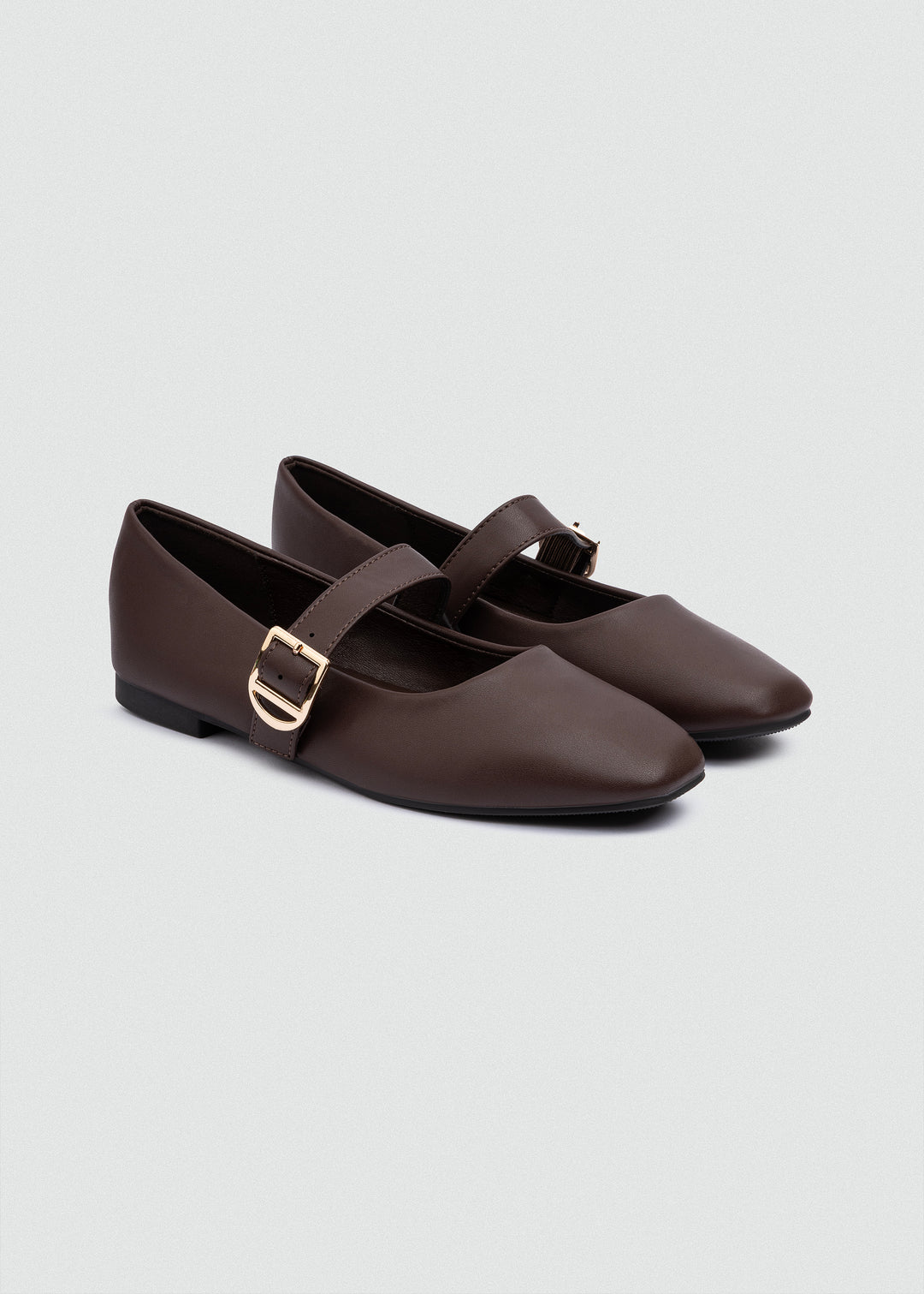 Buckle Strap Mary Jane Flats - Faux Leather - Brown