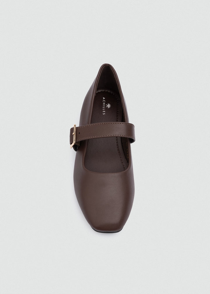 Buckle Strap Mary Jane Flats - Faux Leather - Brown