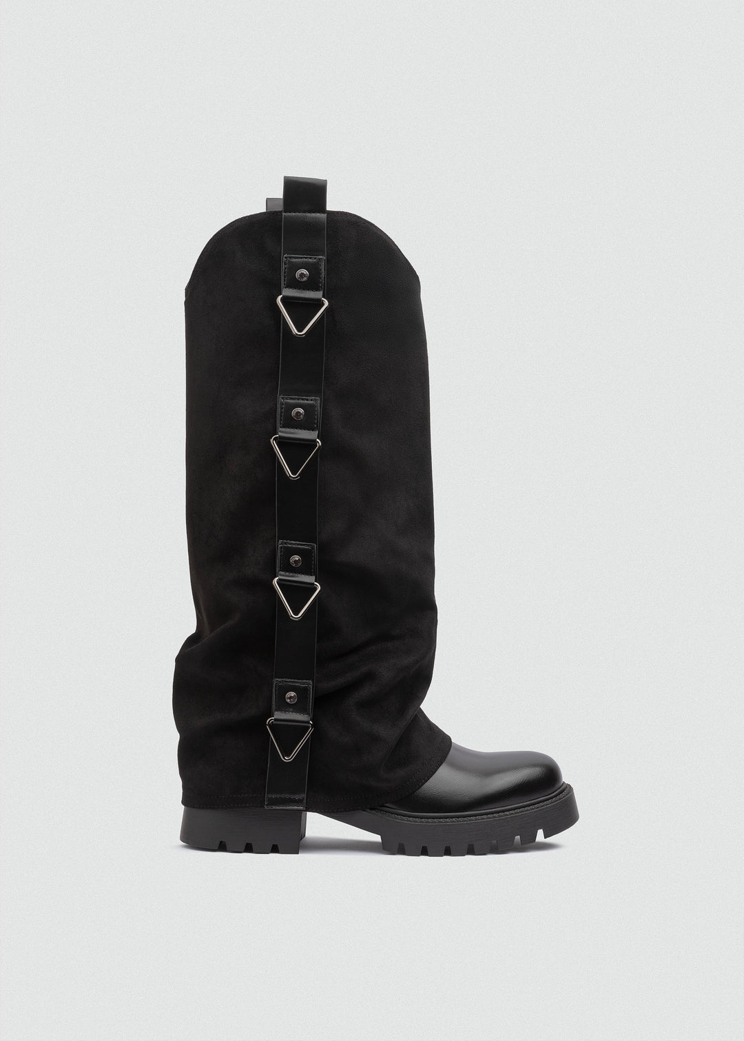 Buckled Fold-Over Knee Boots - Suede Black