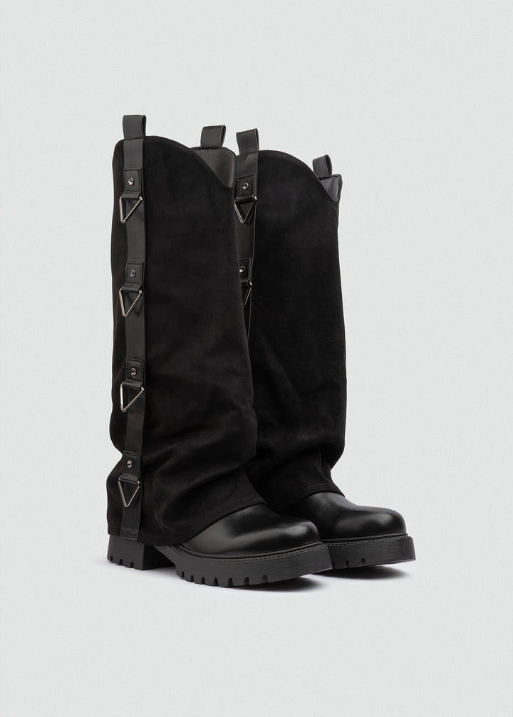 Buckled Fold-Over Knee Boots - Suede Black