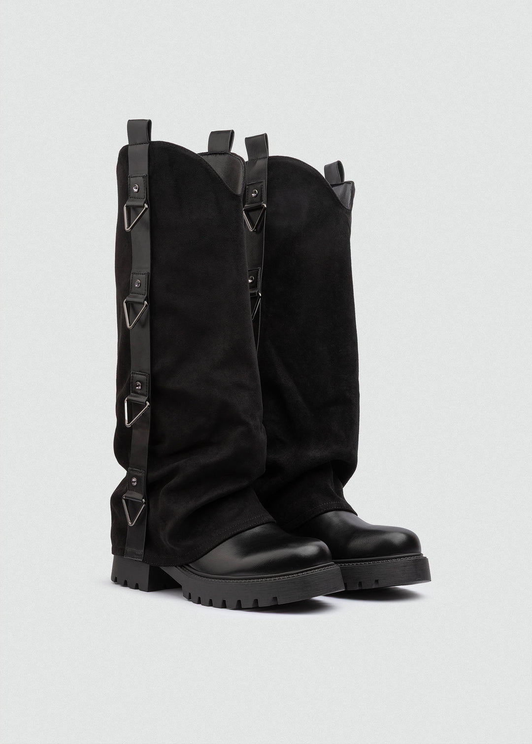 Buckled Fold-Over Knee Boots - Suede Black