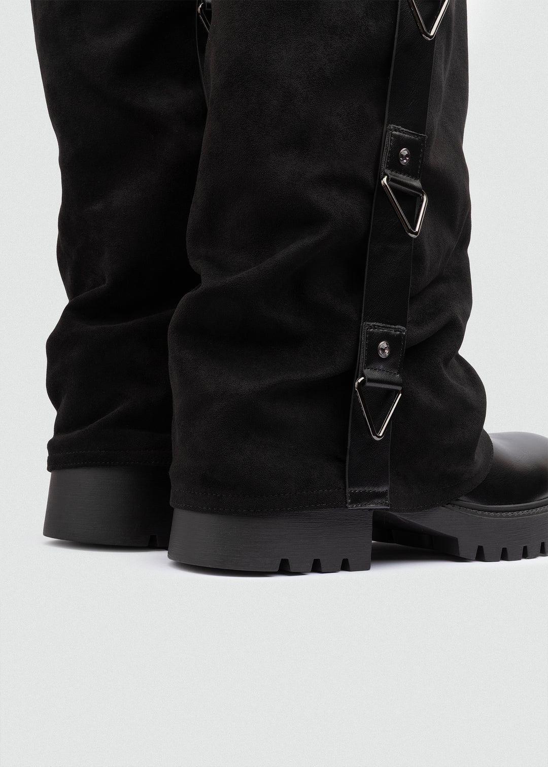 Buckled Fold-Over Knee Boots - Suede Black