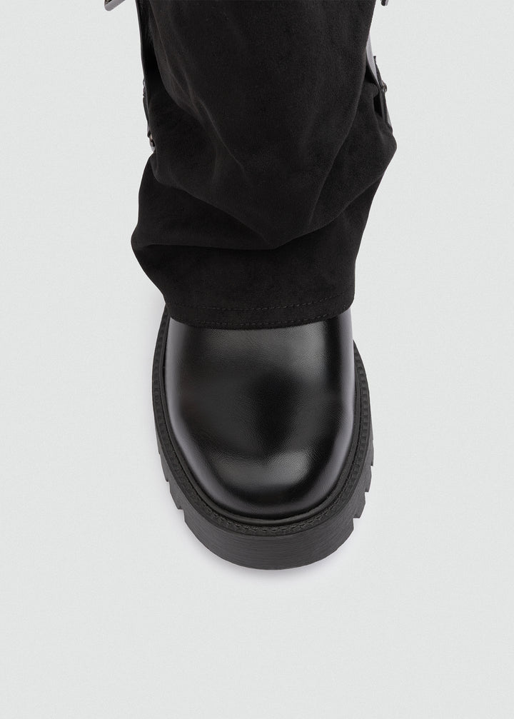 Buckled Fold-Over Knee Boots - Suede Black