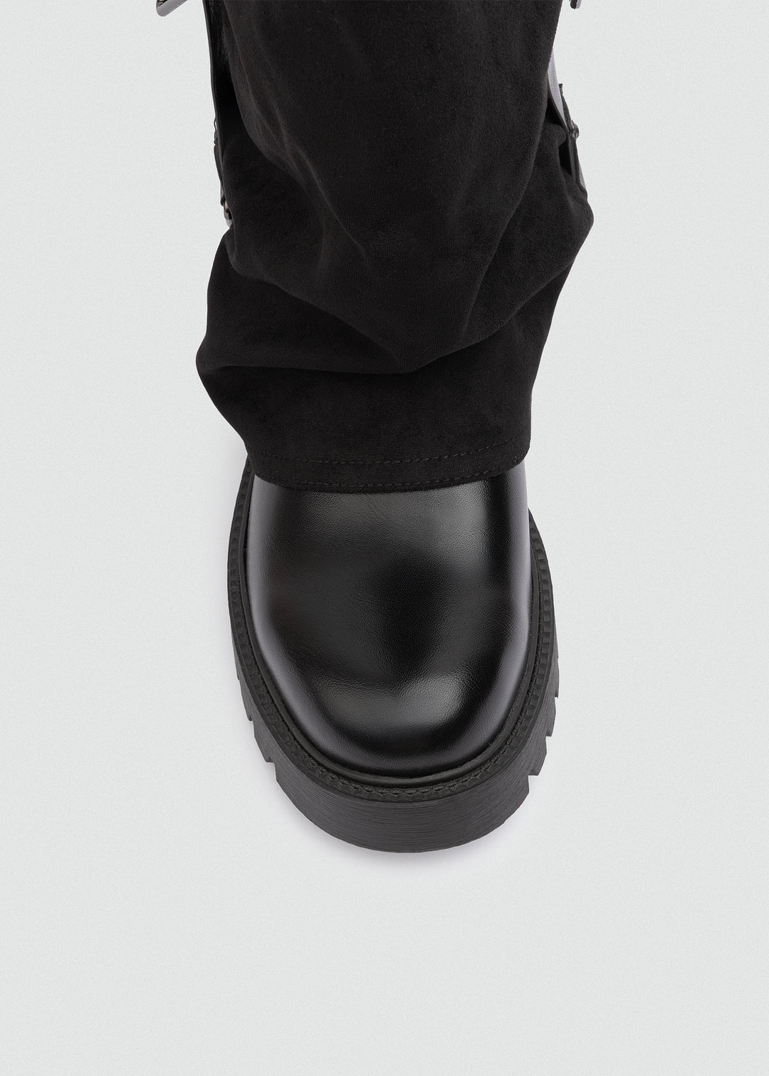 Buckled Fold-Over Knee Boots - Suede Black