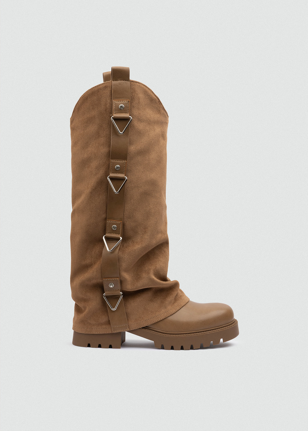 Buckled Fold-Over Knee Boots - Suede Tan