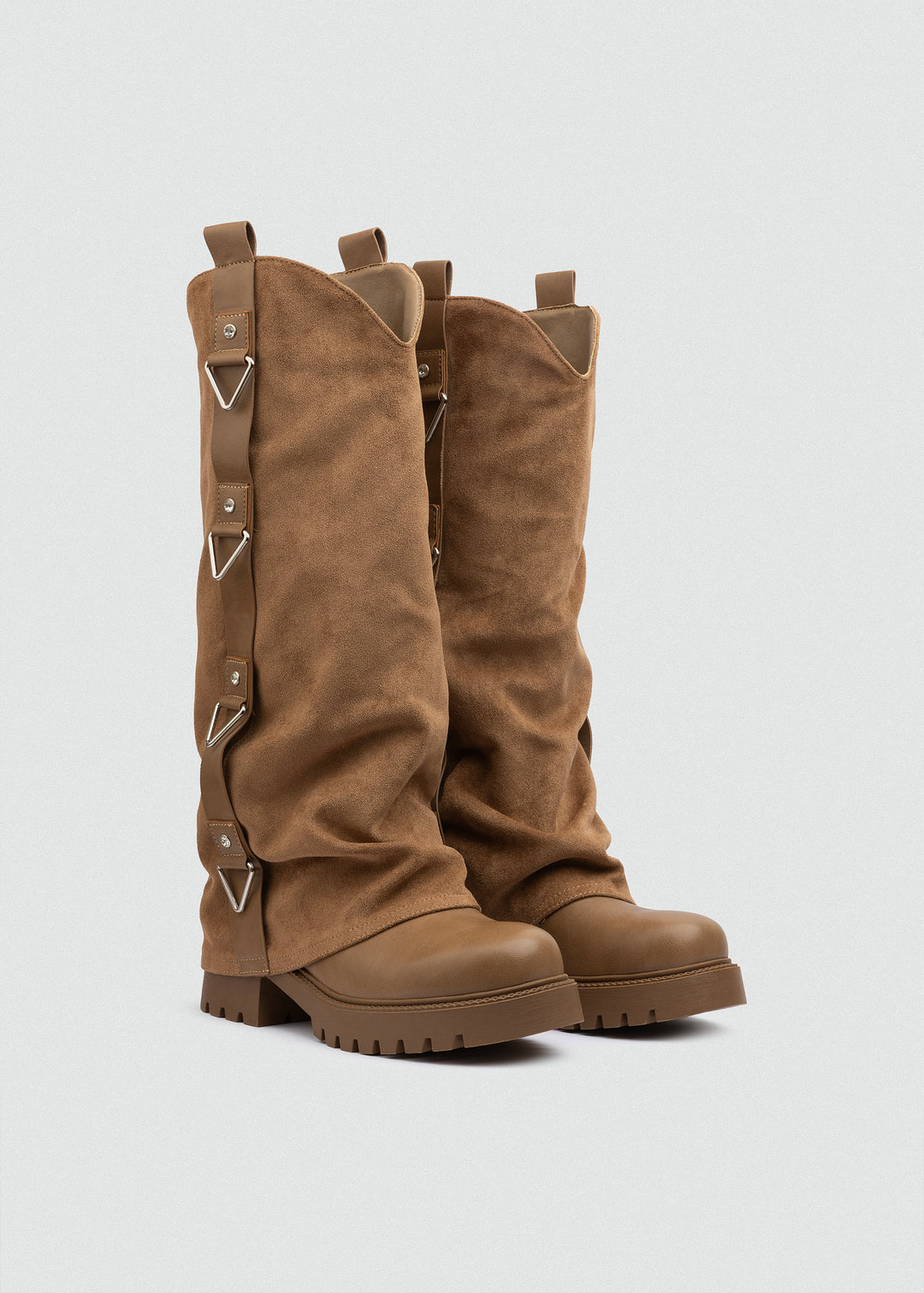 Buckled Fold-Over Knee Boots - Suede Tan