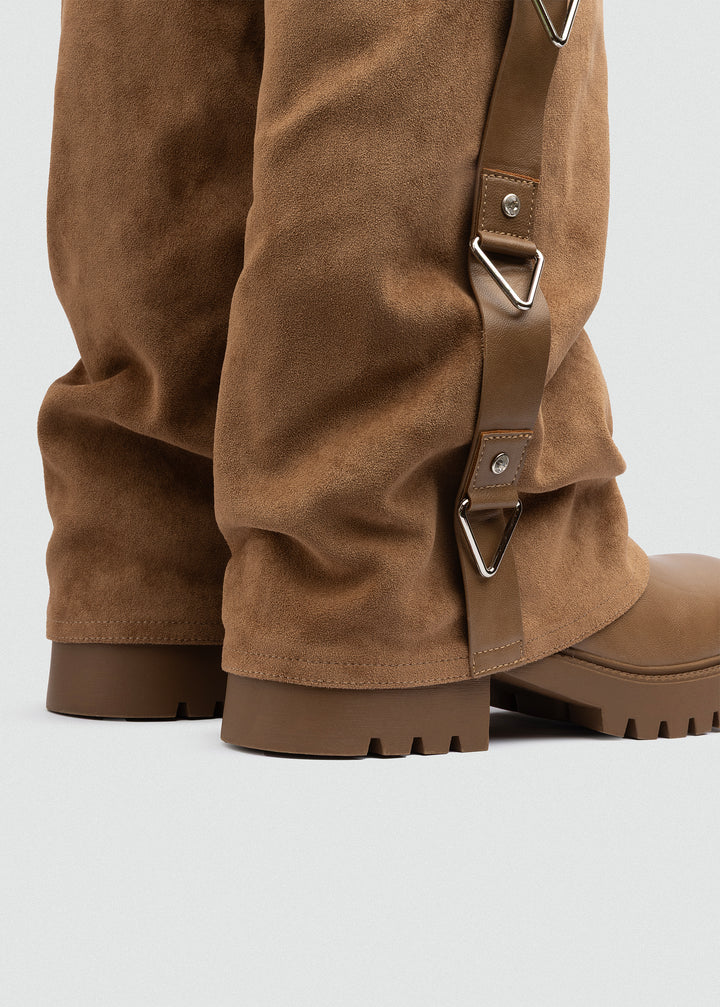 Buckled Fold-Over Knee Boots - Suede Tan