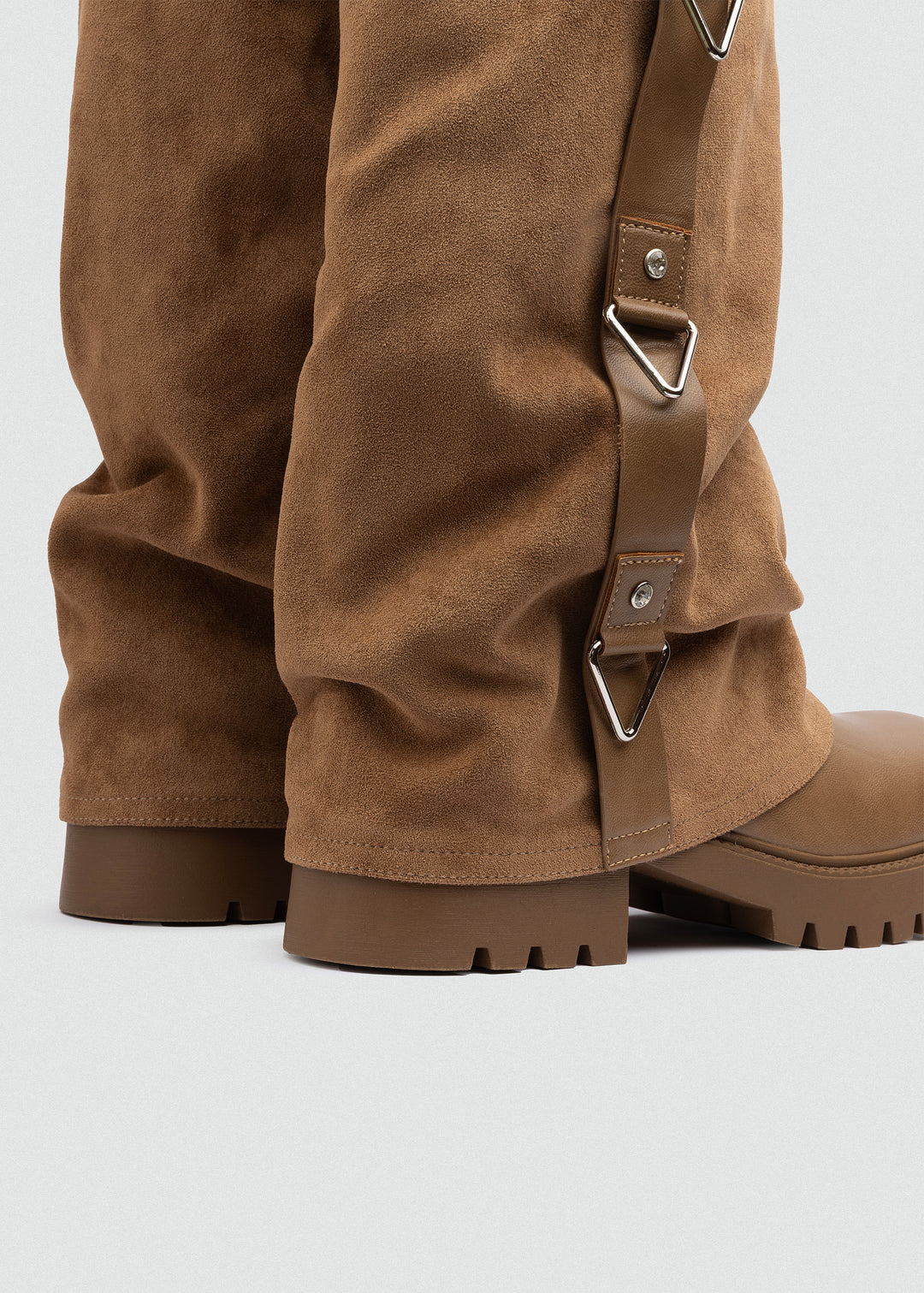 Buckled Fold-Over Knee Boots - Suede Tan