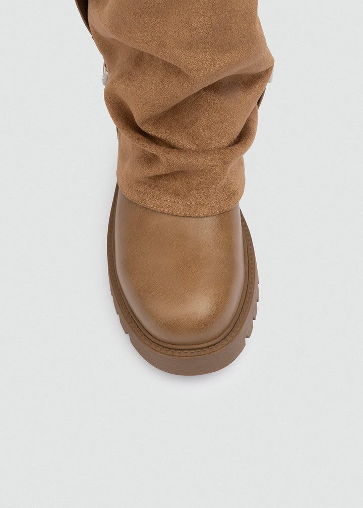 Buckled Fold-Over Knee Boots - Suede Tan