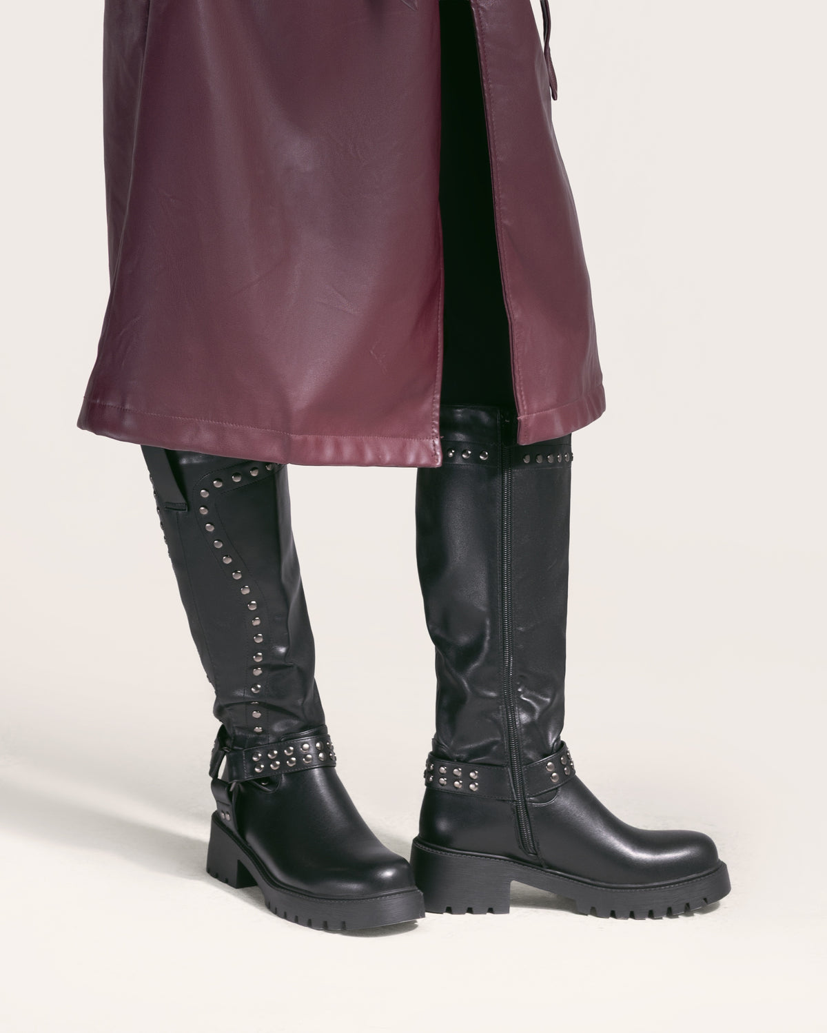 Lookbook - Rebel Studded Tall Boots | Burguandy